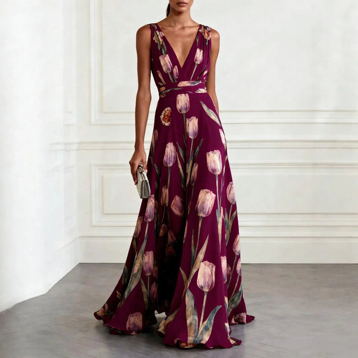 Elegant women's tulip print maxi dress, a sophisticated sleeveless V-neck design for wedding guests.