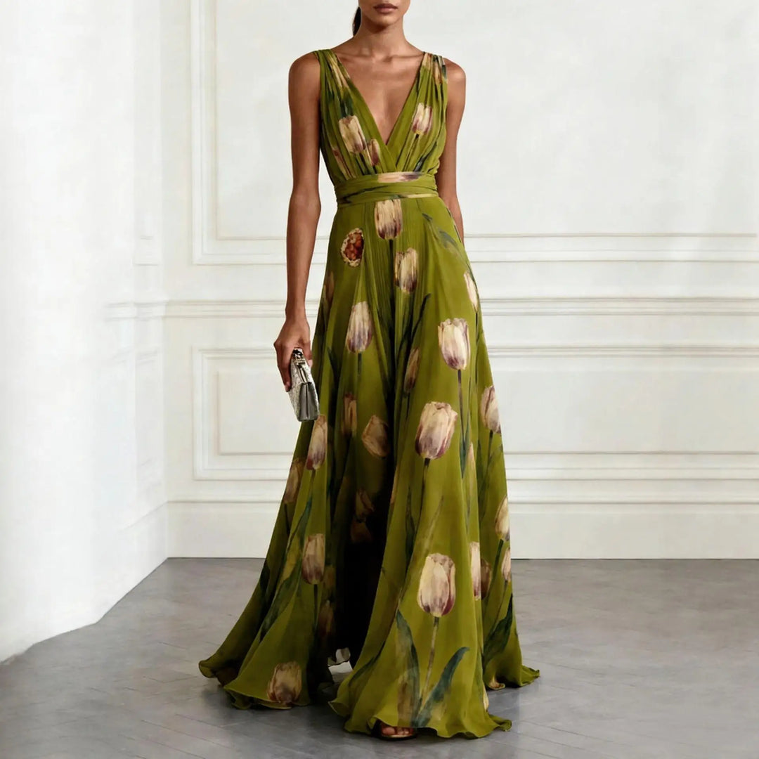 Chic sleeveless V-neck maxi dress with delicate tulip floral print, perfect elegant occasion wear for women.