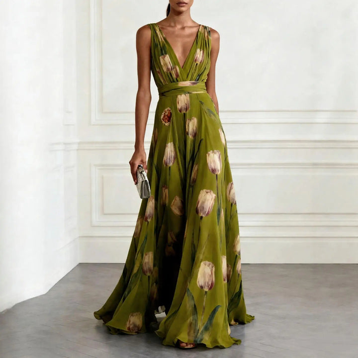 Chic sleeveless V-neck maxi dress with delicate tulip floral print, perfect elegant occasion wear for women.