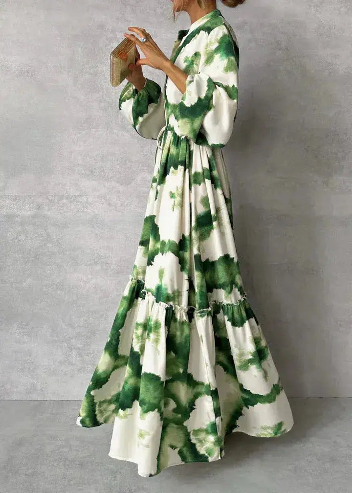 Women's formal maxi dress featuring graceful long puff sleeves, V-neck, and tie waist, ideal for evening parties.