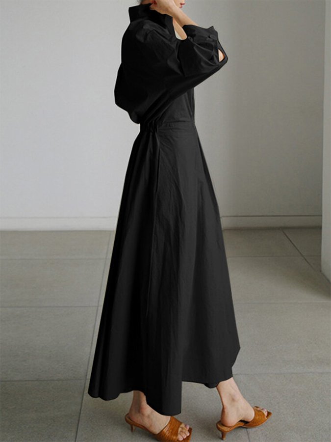 Elegant women's A-line maxi dress. Puff sleeves, twist waist, flattering V-neck. Perfect for sophistication.