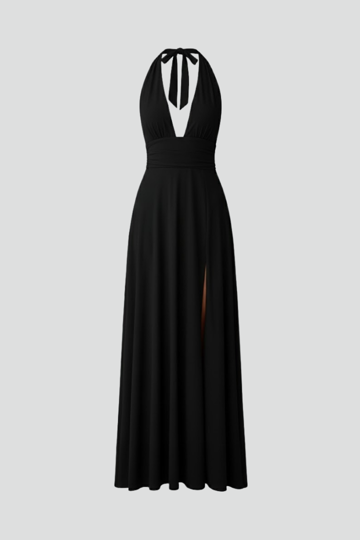 Elegant women's maxi dress with tie neck & stylish side slit, perfect for summer parties.