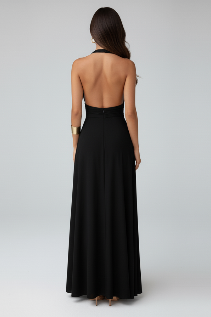 Sophisticated women's party maxi dress with a tie neck & high side slit for an elegant look.