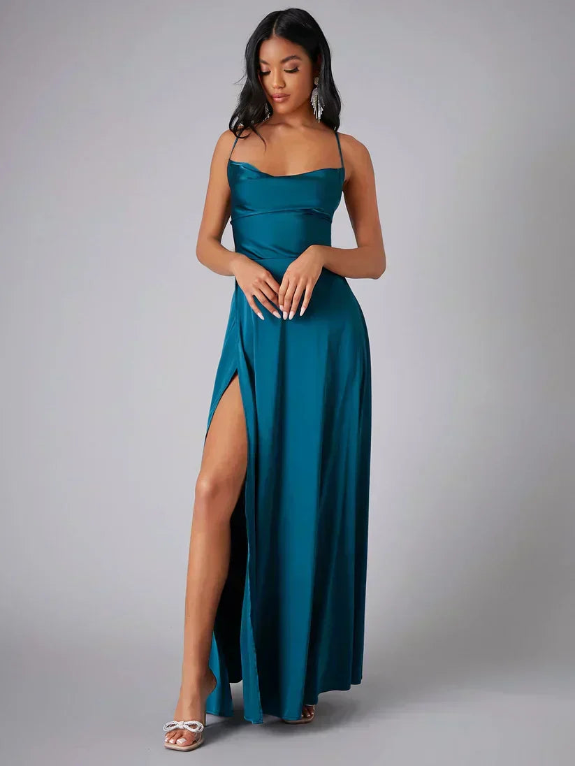 Fashionable women's elegant maxi dress, perfect for cocktail parties & formal events. Features open back.