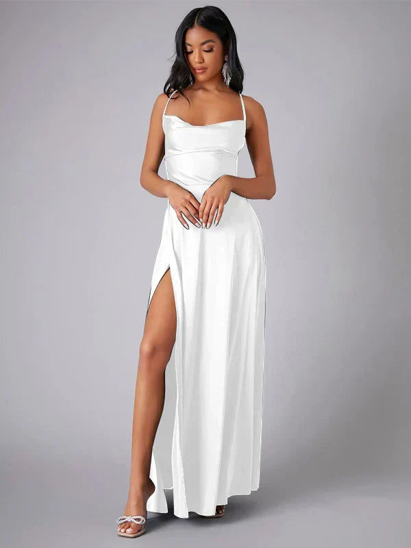 Women's elegant floor-length maxi evening gown with a flattering draped neckline and stylish high slit.