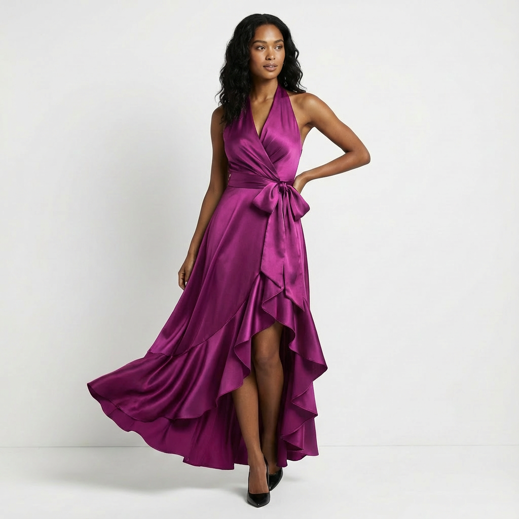 Elegant women's maxi wedding guest dress with a stylish tie-waist bow. Perfect for formal events.