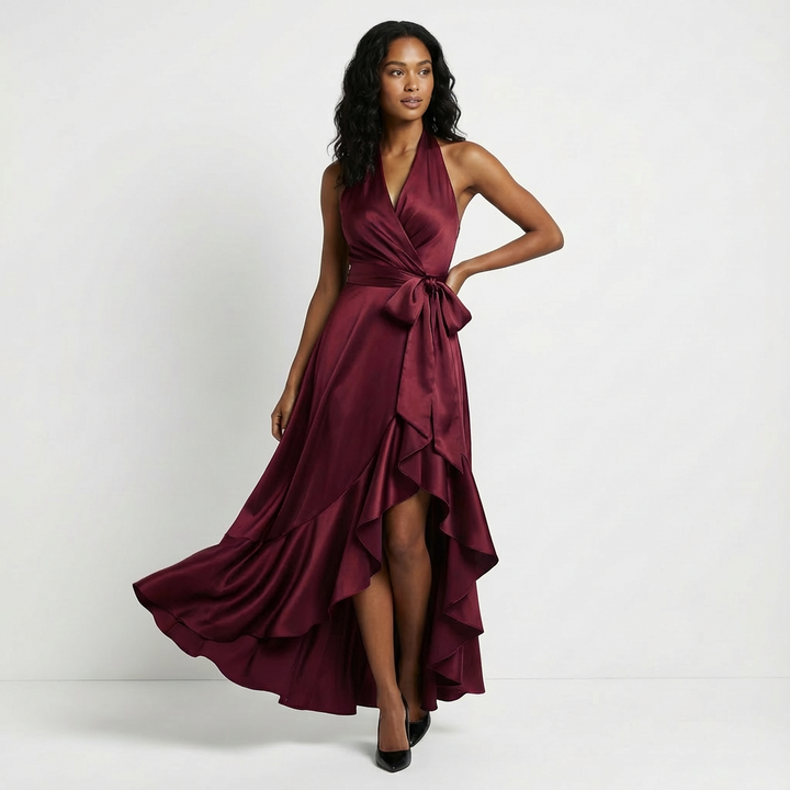 Sophisticated long maxi dress for wedding guests. Features an elegant tie-waist bow for special occasions.