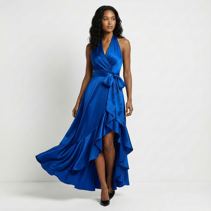 View of the elegant tie-waist bow on a women's formal maxi wedding guest dress. Special occasion fashion.