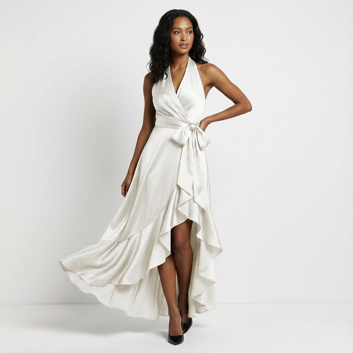 Full length elegant maxi dress for women, suitable as a wedding guest outfit or formal evening gown.