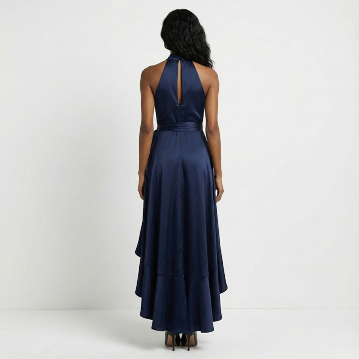 Elegant women's long evening gown, a formal maxi dress with a distinctive tie-waist bow, perfect for events.
