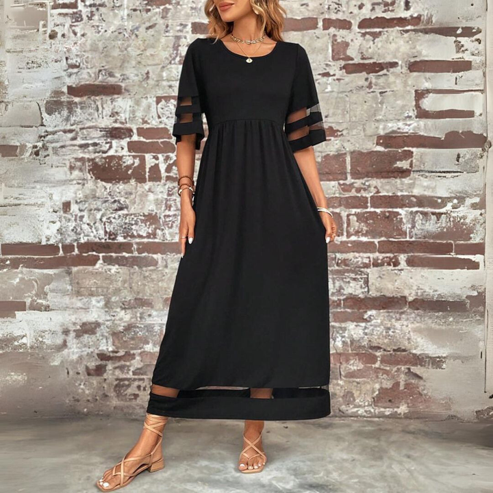 Elegant women's maxi dress, mesh panel & gathered waist design. Versatile for casual chic or occasion wear.