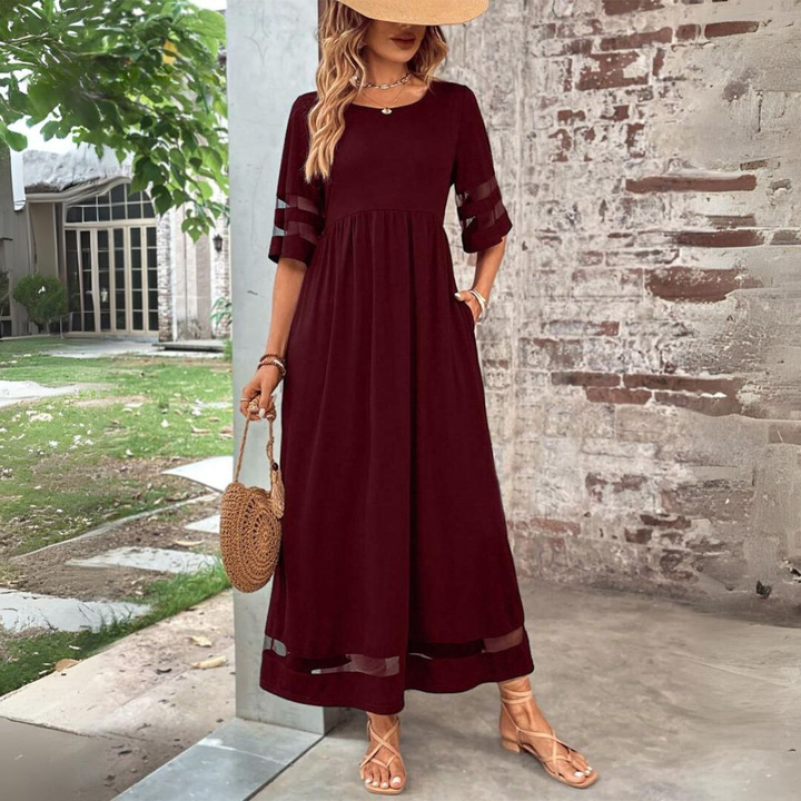Women's elegant mesh panel gathered waist maxi dress. A versatile, flowy long dress for any occasion.
