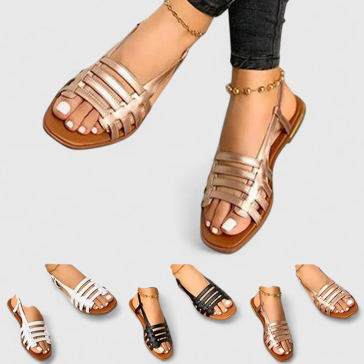 Elegant women's metallic gold woven strap slingback flat sandals with an open square toe for summer comfort.