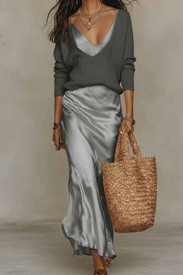 Versatile women's layered midi dress & sweater set; a chic, elegant coordinated outfit for any season.
