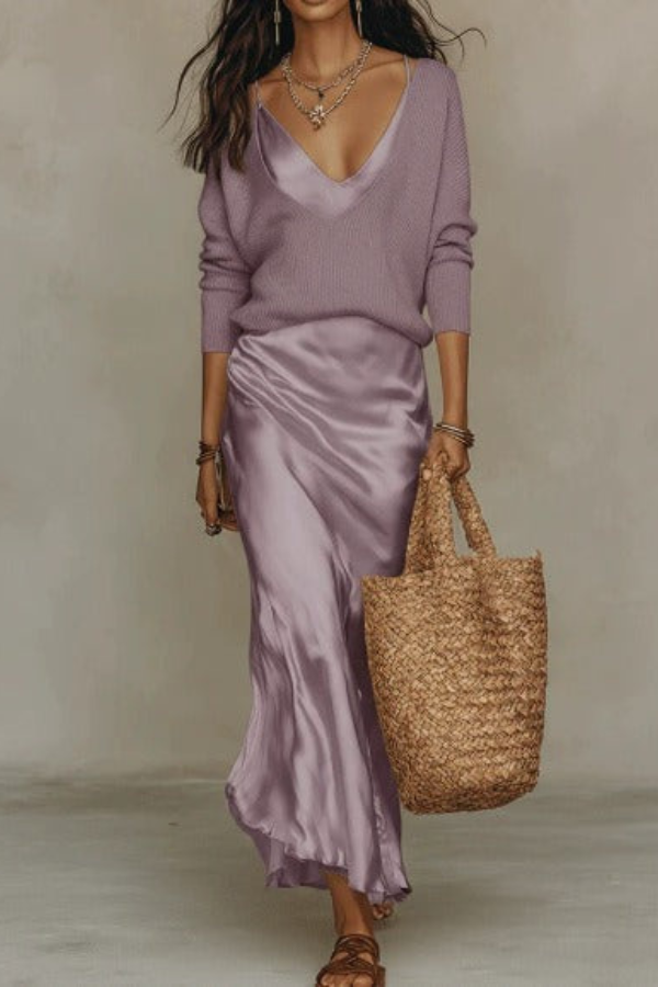 Stylish women's elegant midi dress & sweater set in motion, showcasing its graceful flow & modern design.