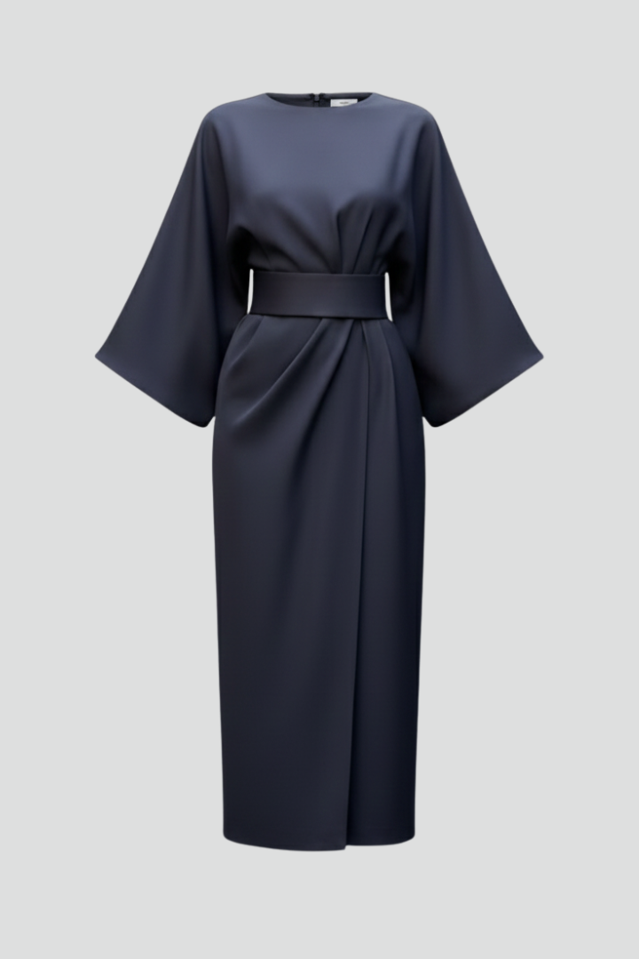 Elegant women's midi dress with belted waist & wide sleeves, perfect for versatile styling.