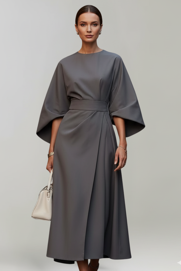 Formal or casual women's midi dress, elegantly designed with wide sleeves & a flattering belted waist.