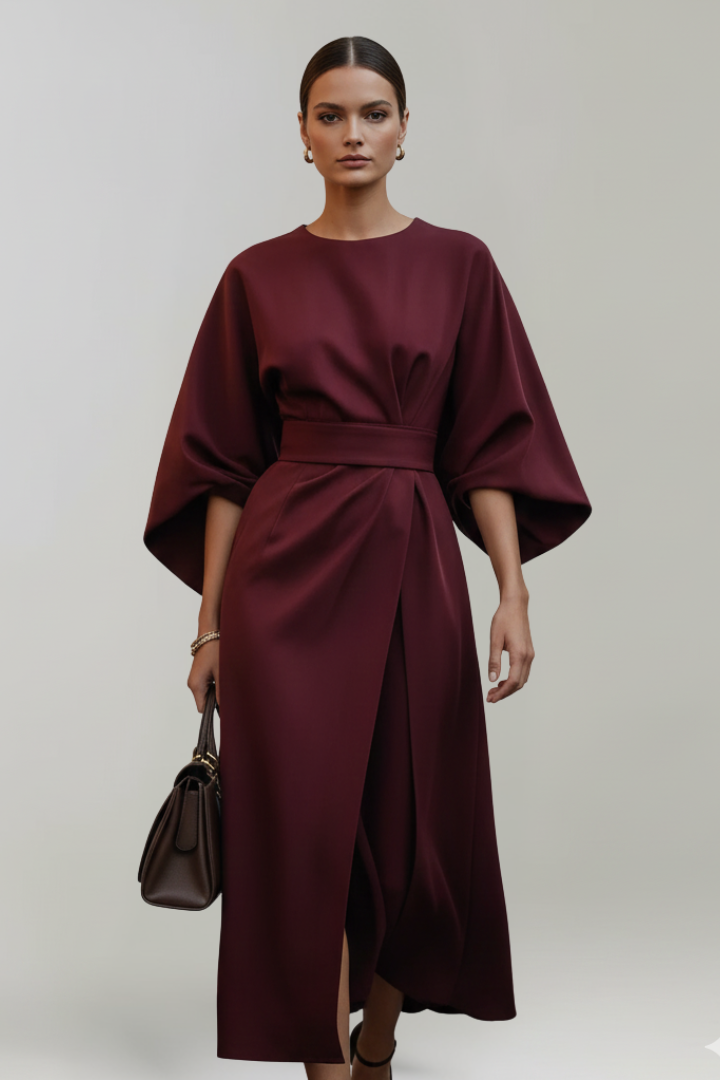 Chic women's dress: midi length, belted waist, elegant wide sleeves. Ideal for any occasion.