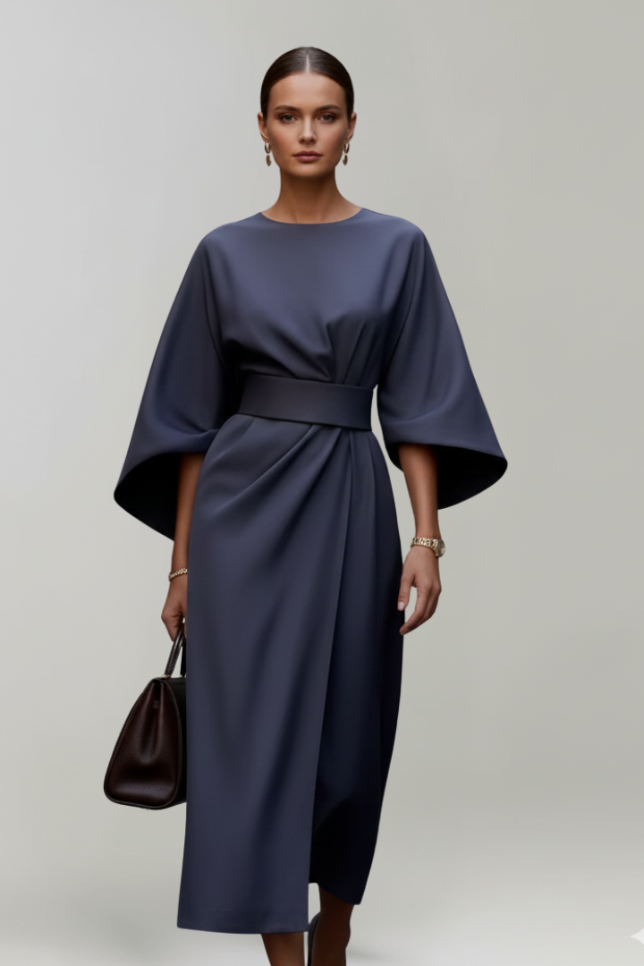 Chic women's midi dress featuring elegant wide sleeves and a flattering belted waistline.
