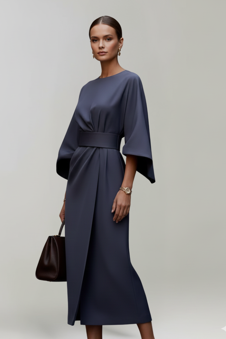 Versatile women's midi dress with a belted waist & wide sleeves, suitable for casual or formal wear.