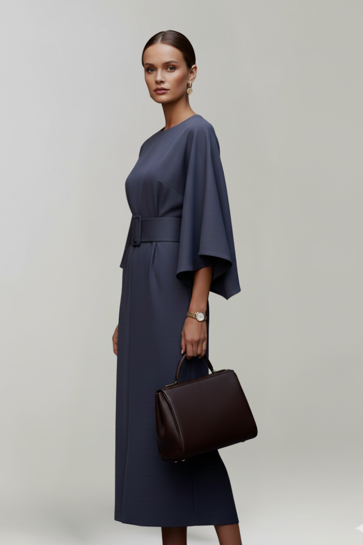 Stylish women's midi dress with comfortable wide sleeves and a flattering belted silhouette.