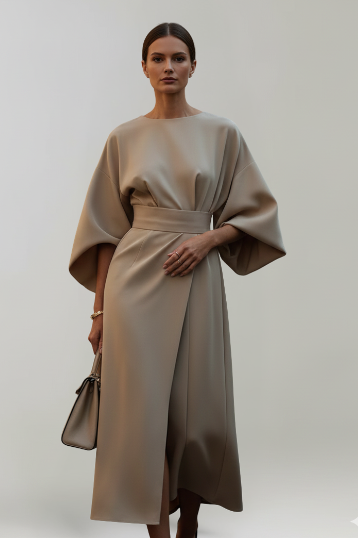 Women's elegant midi dress with belted waist & wide sleeves. A perfect modest, formal, or casual option.