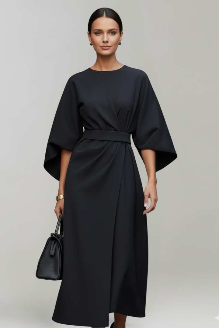 Sophisticated women's midi dress with a cinched belted waist and fashionable wide sleeves.