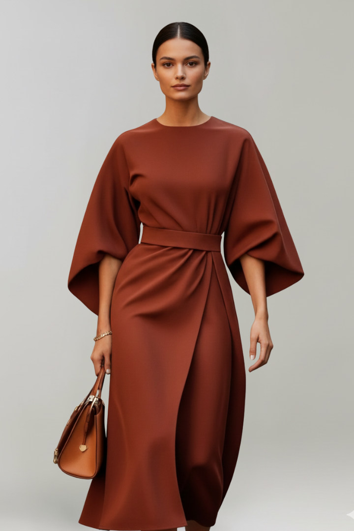 Women's round neck midi dress featuring a stylish belted waist and elegant wide sleeves.