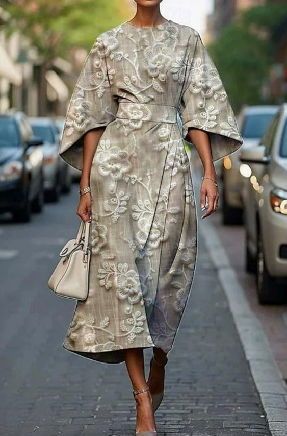 Elegant women's midi dress with kimono sleeves & belted waist, perfect for cocktail parties & special occasions.