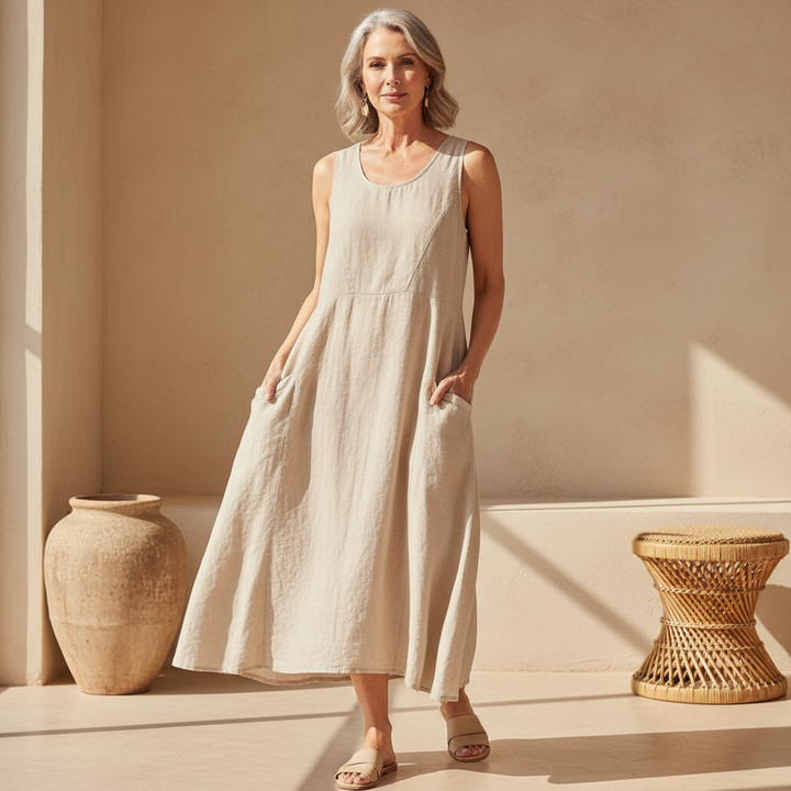 Elegant women's midi dress with practical pockets for summer comfort. Chic sleeveless loose-fit design.