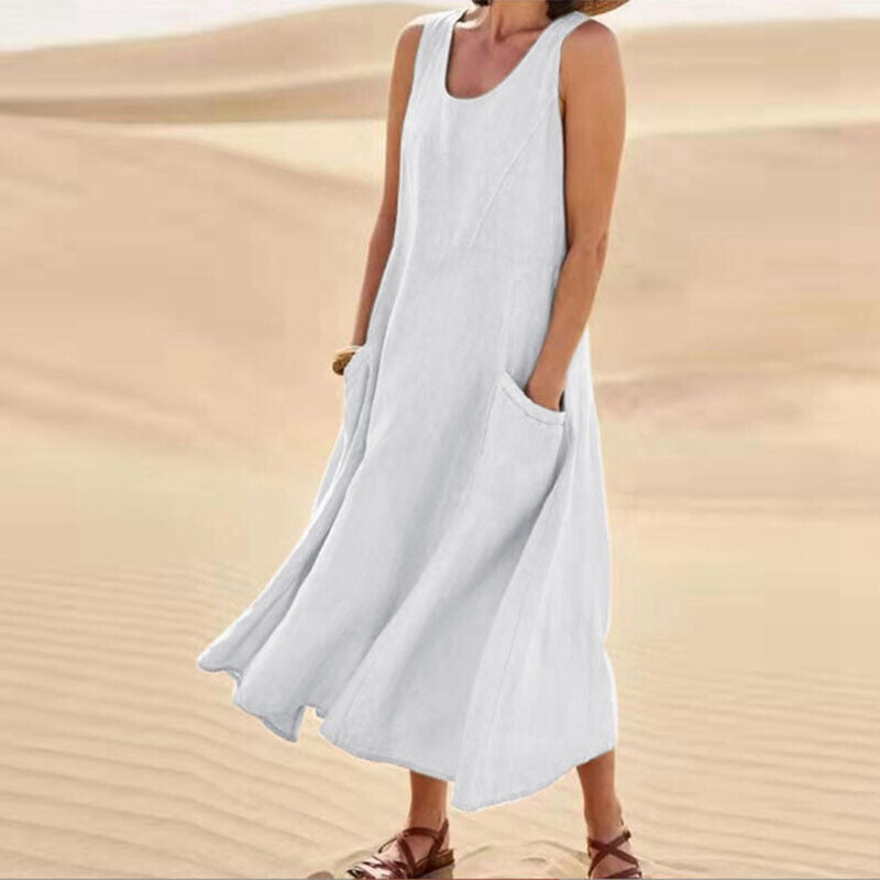 Sleeveless women's midi dress, showing its airy design and elegant comfort for warm summer & spring days.