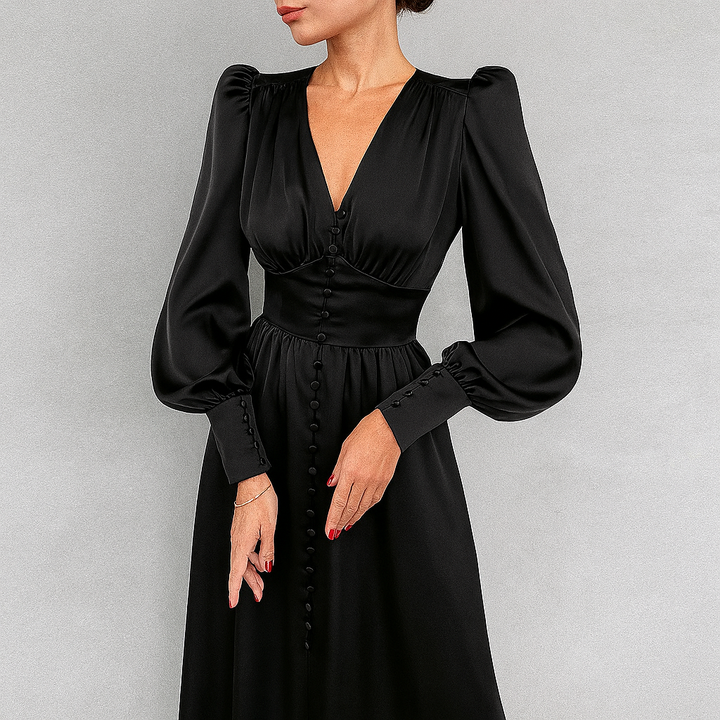 Elegant women's midi dress with puffed shoulders and a flattering V-neck, perfect for sophisticated occasions.