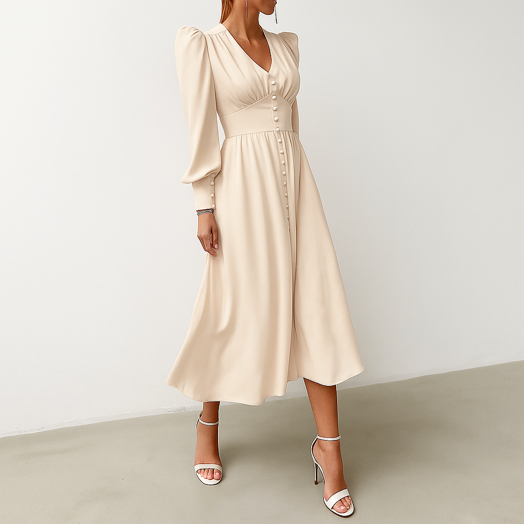 Chic flowy midi dress for women, featuring a V-neck and puffed sleeves, ideal for spring & summer fashion.
