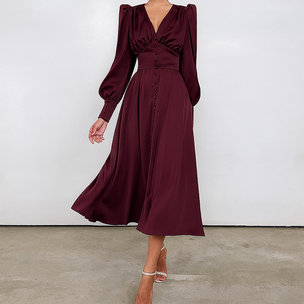 Sophisticated women's V-neck midi dress with stylish puffed shoulders and a graceful flowy silhouette.