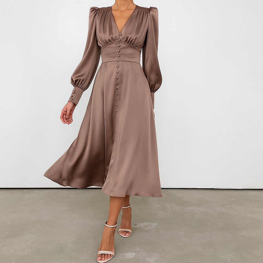 Women's elegant V-neck midi dress with puffed sleeves, offering a comfortable flowy silhouette for special occasions.