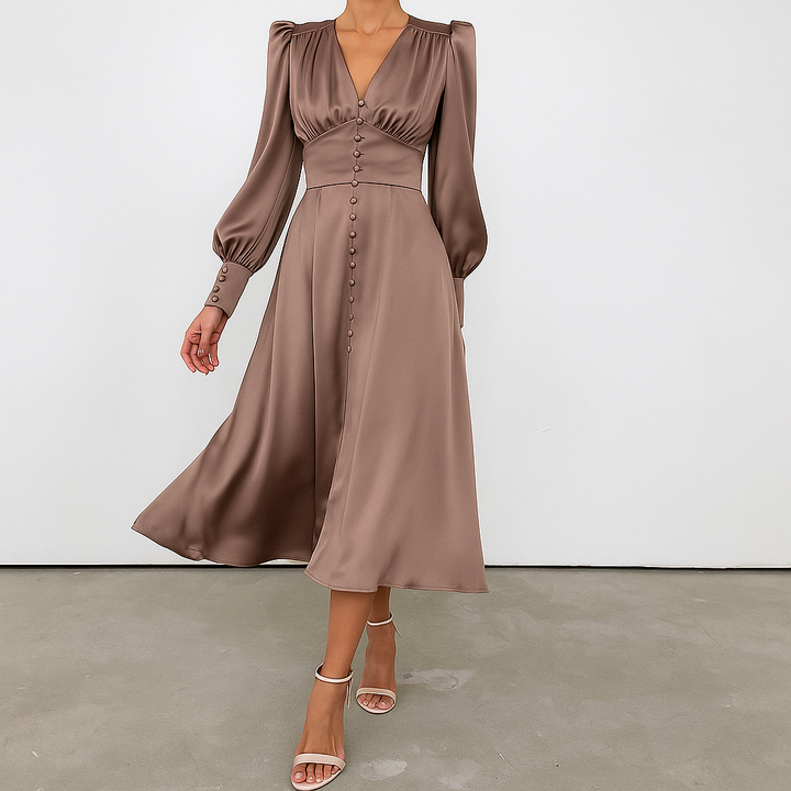 Women's elegant V-neck midi dress with puffed sleeves, offering a comfortable flowy silhouette for special occasions.