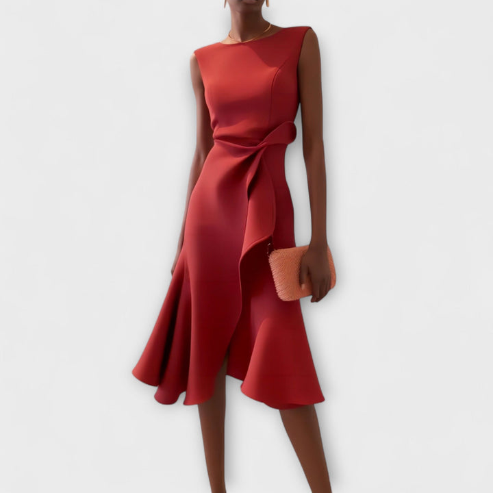 Elegant women's midi dress with ruffle hem and wrap detail, perfect for stylish occasions.