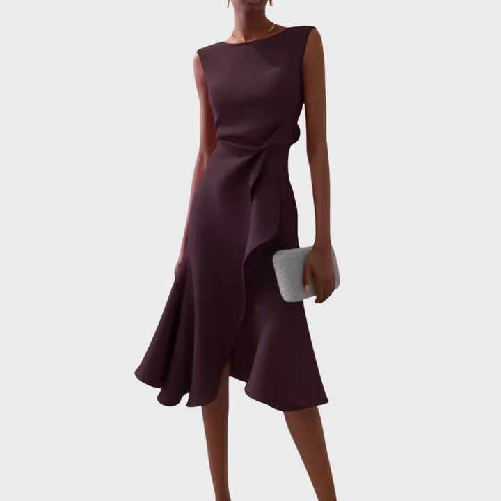 Versatile women's elegant midi dress: sleeveless, ruffle hem, wrap design, suitable for day or night.