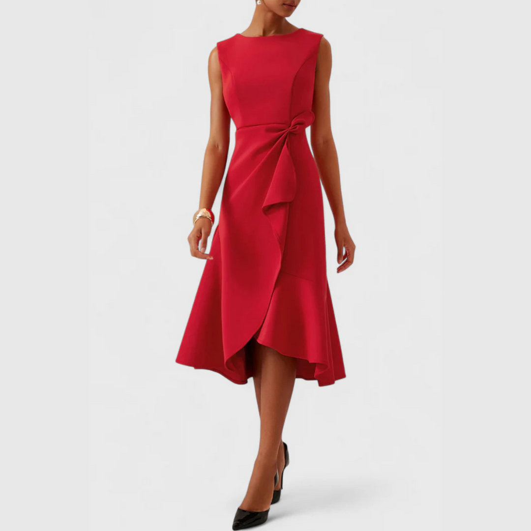 Achieve elegant style with this women's sleeveless midi dress, featuring ruffle hem and wrap detail.