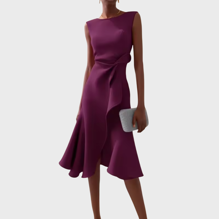 Women's sleeveless elegant midi dress with a beautiful ruffle hem and flattering wrap detail.