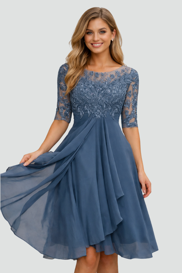 Elegant women's midi evening dress with three-quarter sleeves, perfect for formal parties & special occasions.