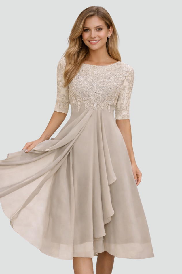 Versatile women's elegant midi dress, three-quarter sleeves, ideal for evening events & special occasions.