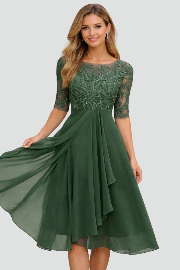 Women's formal midi dress with elegant three-quarter sleeves, perfect for evening parties & events.
