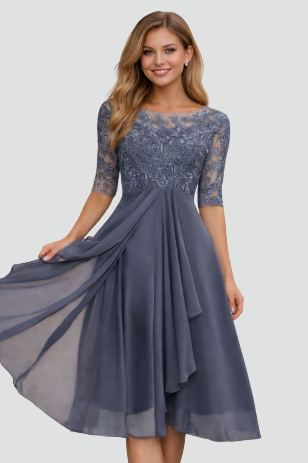 Elegant women's party midi dress, three-quarter sleeves, suitable for evening, formal, & special occasions.