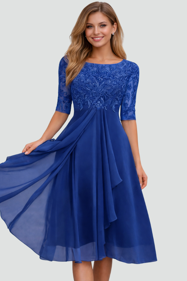 Women's formal evening midi dress, elegant three-quarter sleeves, perfect for parties & special events.