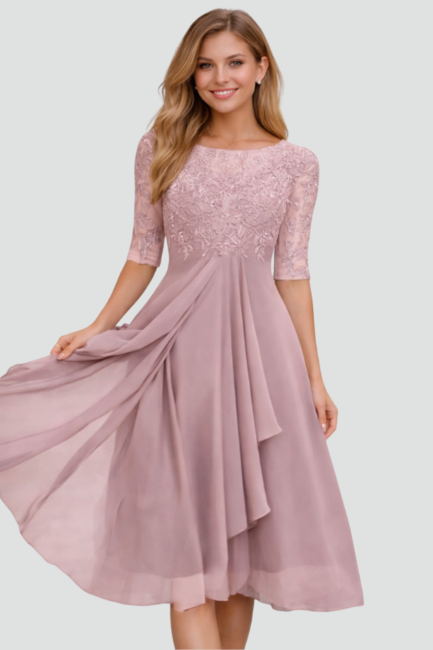 Elegant versatile women's midi dress, three-quarter sleeves, perfect for formal evening special occasions.