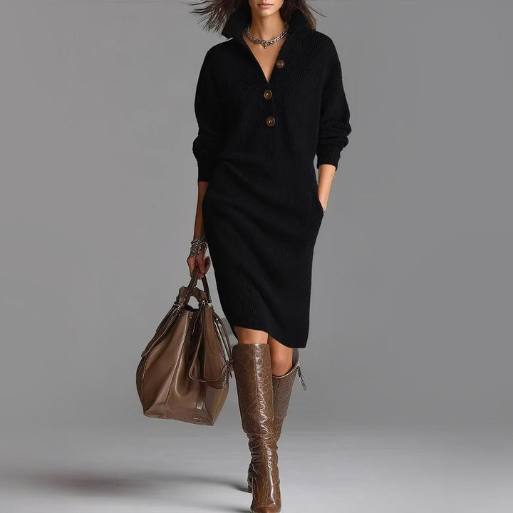 Modern women's slim-fit midi sweater dress featuring an elegant spread collar, suitable for chic office attire.