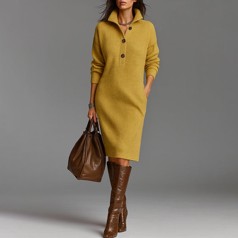 Cozy women's midi sweater dress with a stylish spread collar and slim silhouette, great for fall/winter fashion.