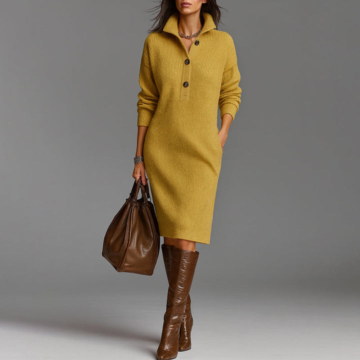 Cozy women's midi sweater dress with a stylish spread collar and slim silhouette, great for fall/winter fashion.