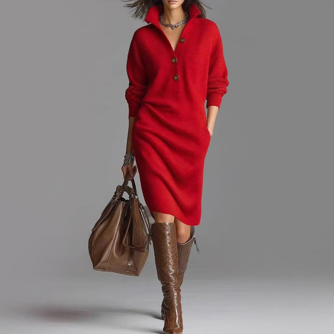 Versatile women's long-sleeve midi sweater dress with a stylish spread collar and flattering slim fit.